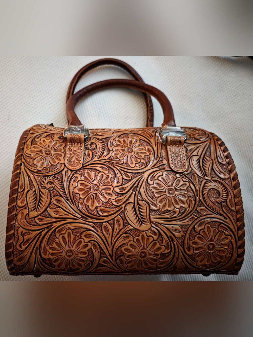 Hand-Tooled Floral Leather Satchel Bag in Brown